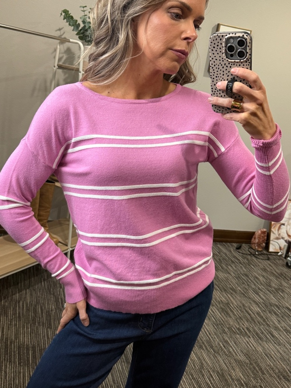 Pink Striped Boatneck Women's Sweater